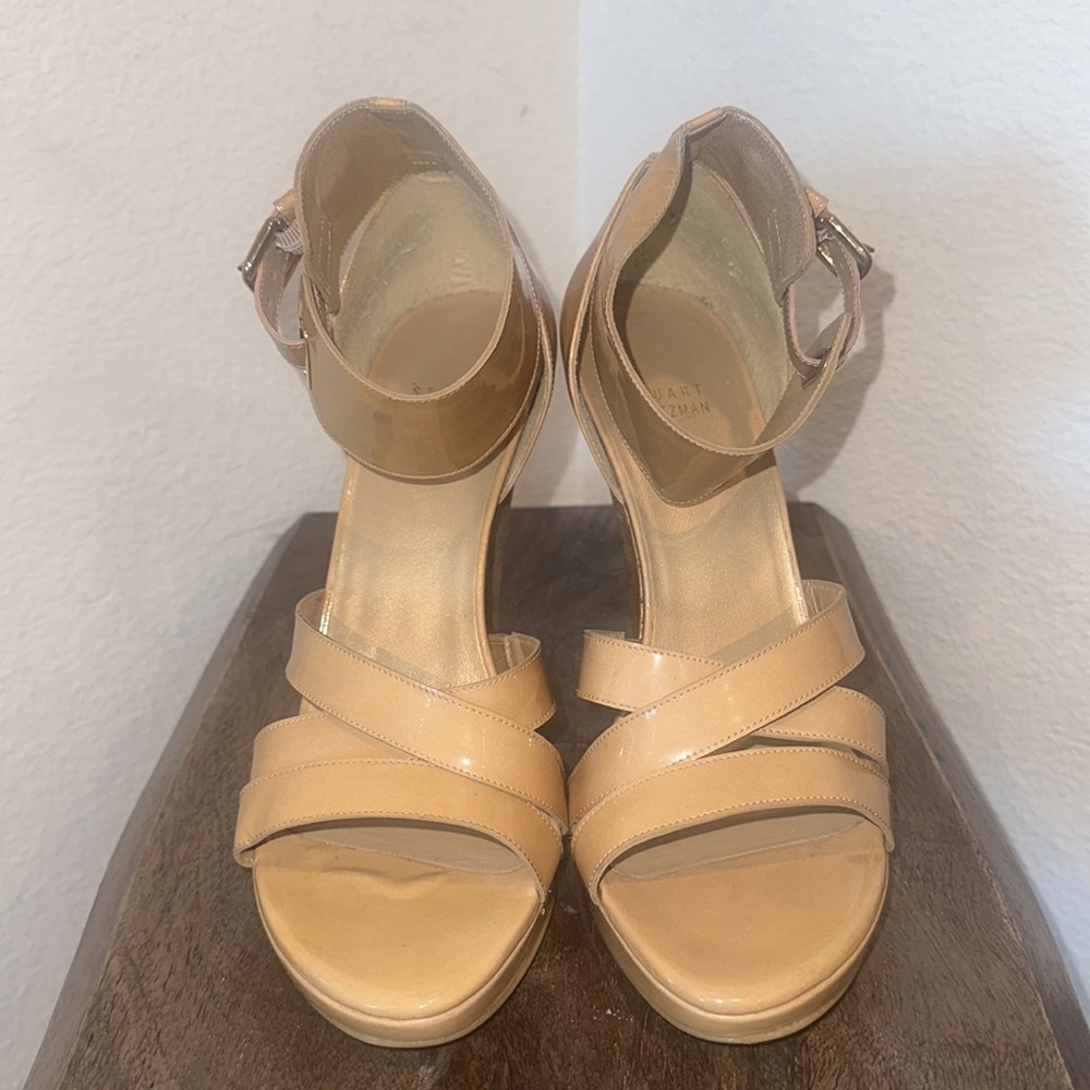 STUART WEITZMAN HILDA Sandal Metallic Cork Wedge Adobe Aniline Patent Size 9M - Picture 3 of 17